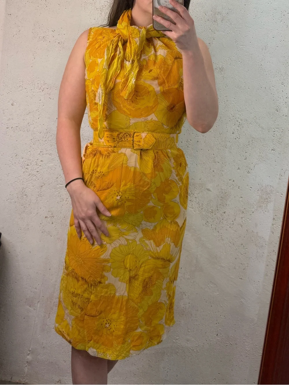 Vintage 50s 60s Sleeveless Yellow Floral Belted Dress with Scarf